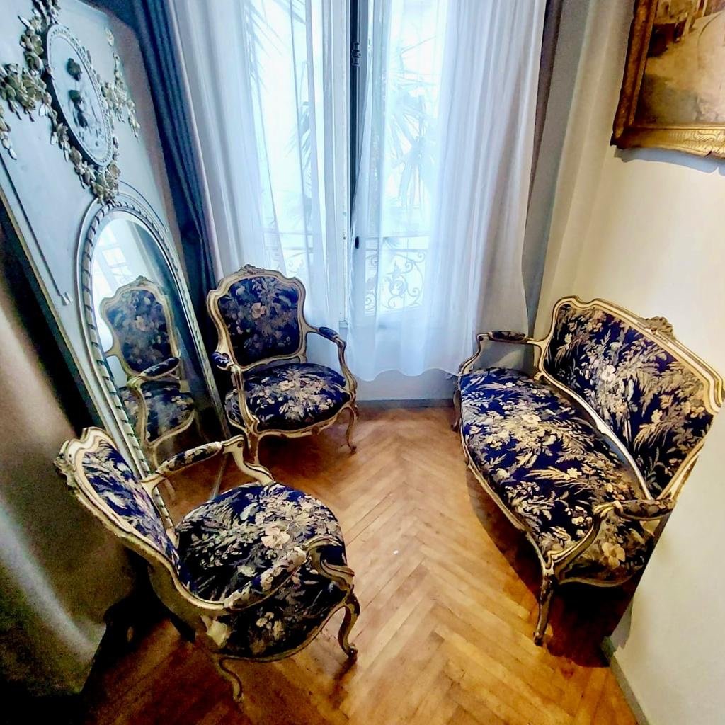 Louis XV Style Living Room (3 Pieces) In Lacquered And Gilded Wood Reverse Of A Tapestry Period XIX I-photo-8