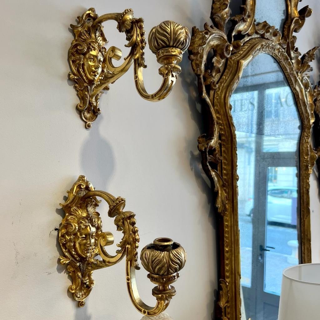 Paire D’appliques En Bronze Doré à 1 Feux à Décor D’un  Mascaron De Femme époque XIX Ieme -photo-8