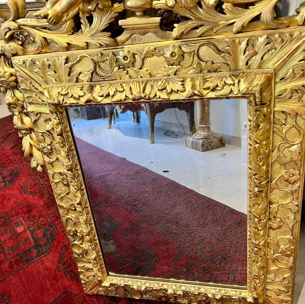 Miroir au mercure à Fronton En Bois Doré Aux Puttis D’époque XVIII Ieme -photo-3