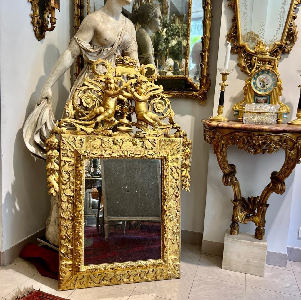 Miroir au mercure à Fronton En Bois Doré Aux Puttis D’époque XVIII Ieme -photo-4