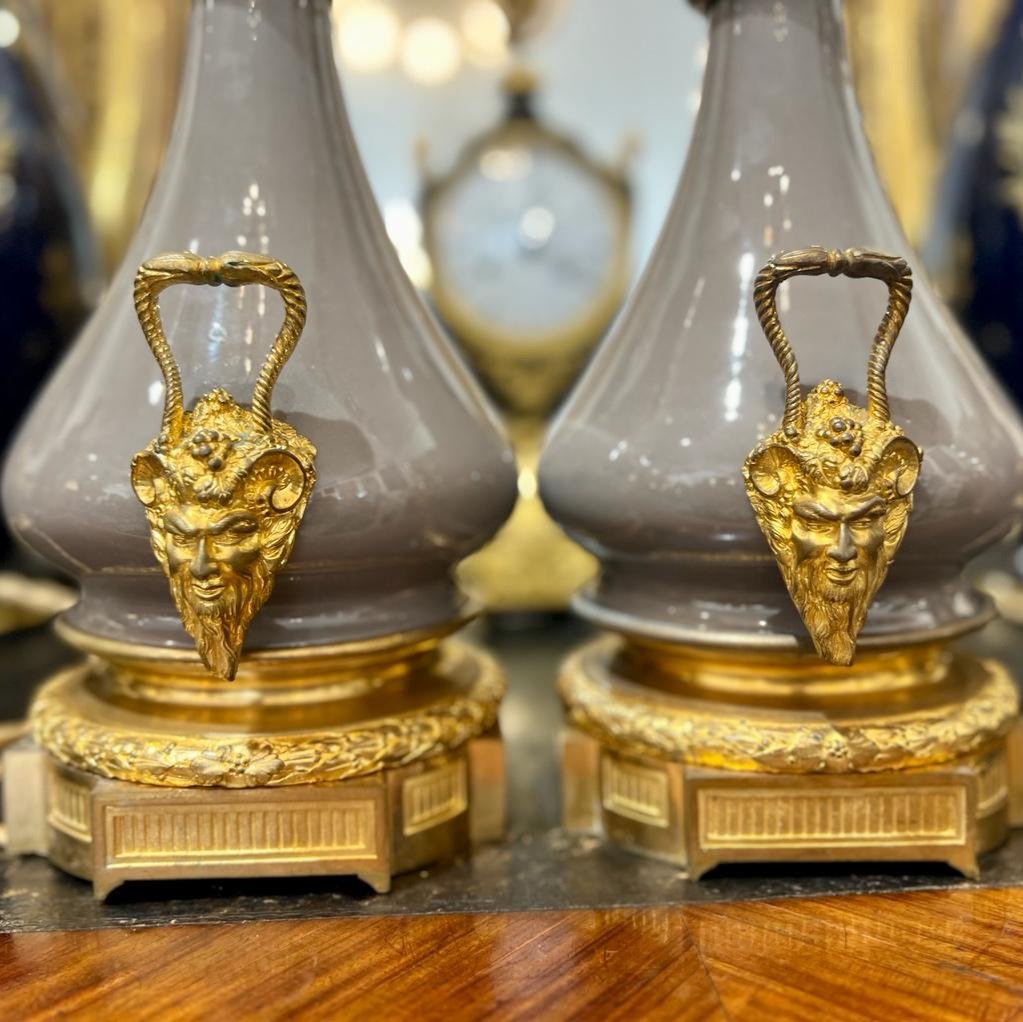 Pair Of Dove Gray Porcelain Lamps With Gilt Bronze Mount XIXth Century-photo-2