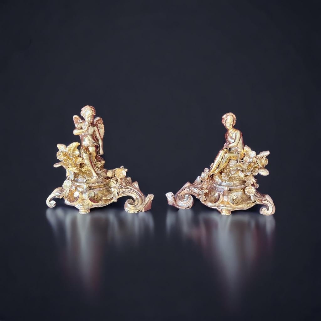 Pair Of Andirons With Putti In Gilt Bronze Napoleon Ili Period-photo-4