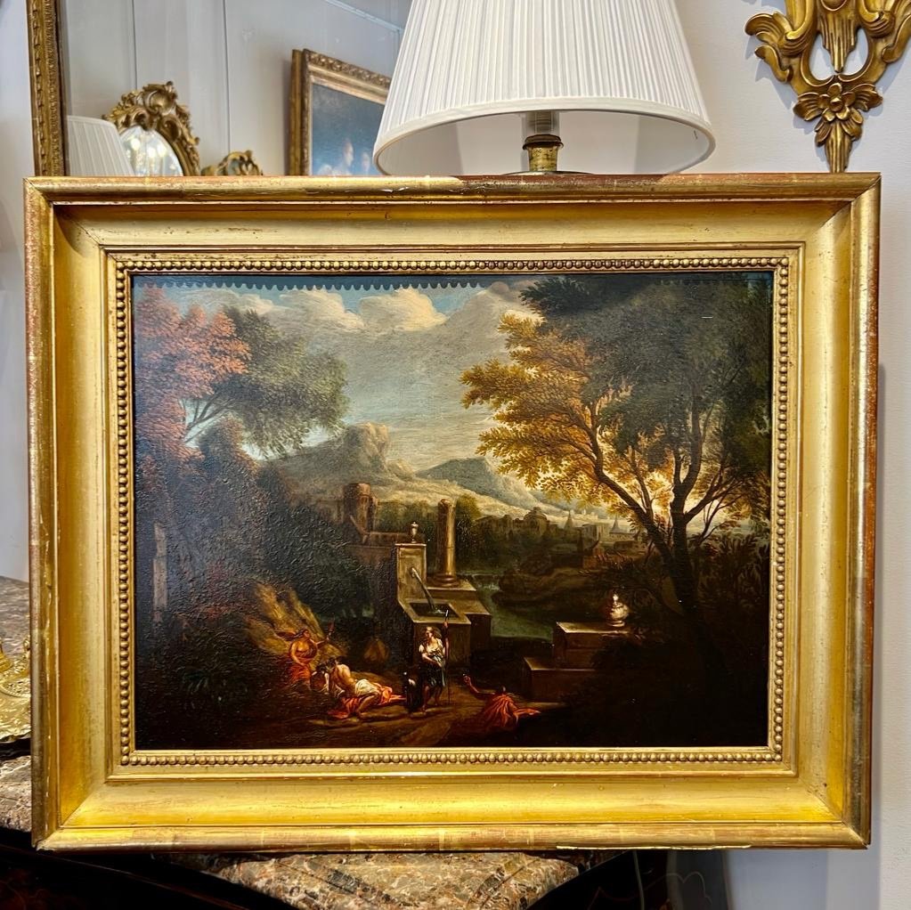 Painting Oil On Canvas Marouflaged On Wood Of An Antique Animated Scene By Royer 1874