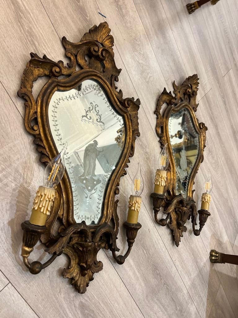 Pair Of Venetian Sconces In Golden Wood With Engraved Ice Backgrounds From The 19th Century-photo-3