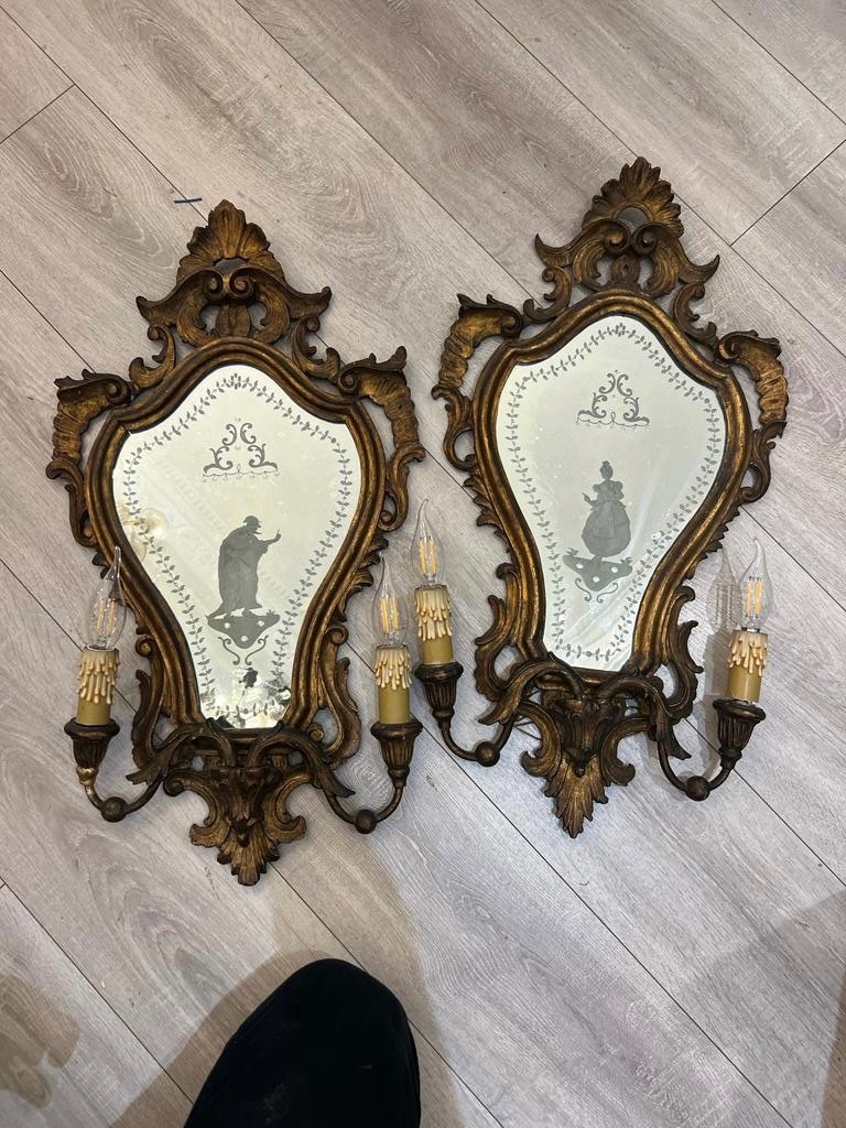 Pair Of Venetian Sconces In Golden Wood With Engraved Ice Backgrounds From The 19th Century-photo-7