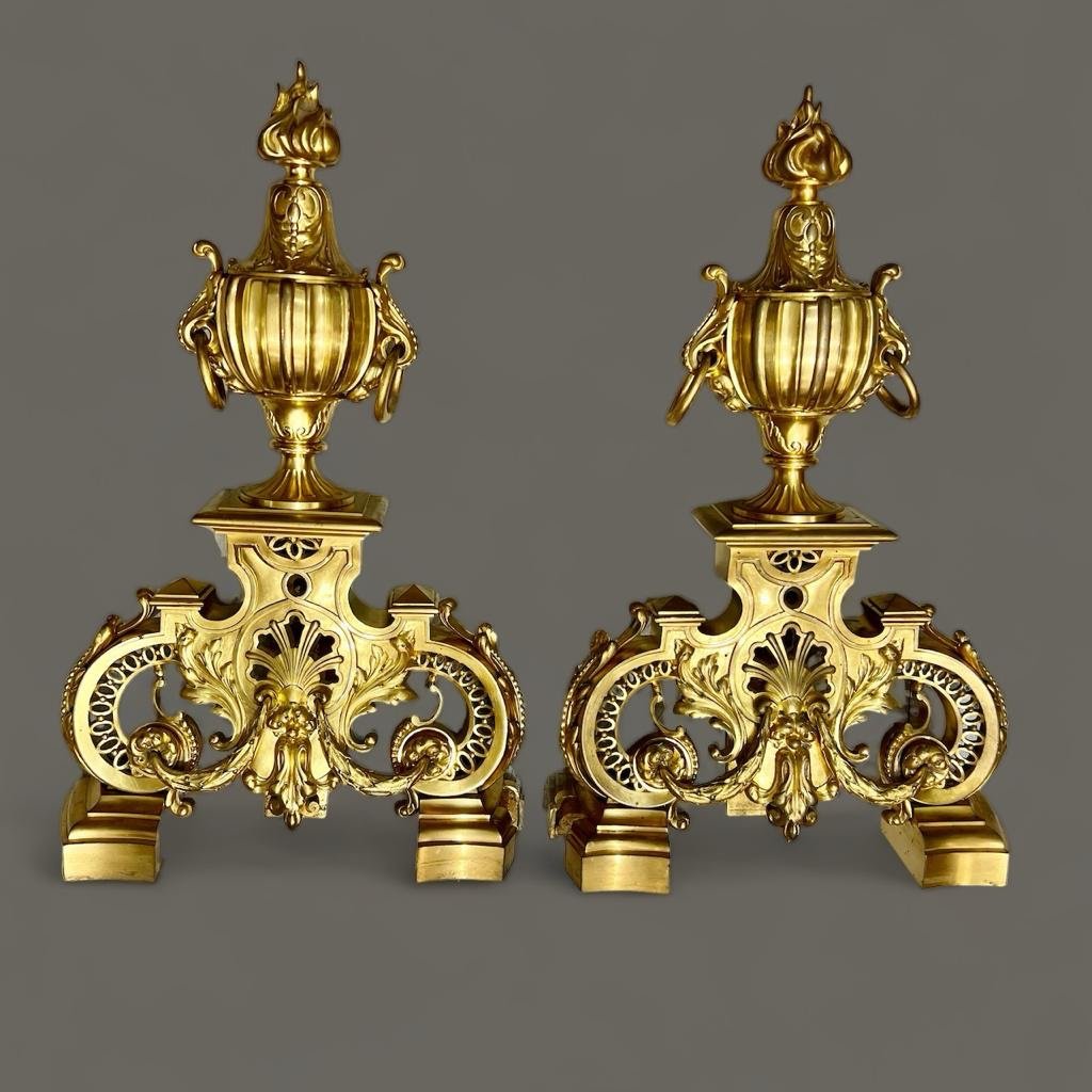 Pair Of Andirons In Gilt Bronze From The 19th Century Signed Ferdinand Barbedienne-photo-4