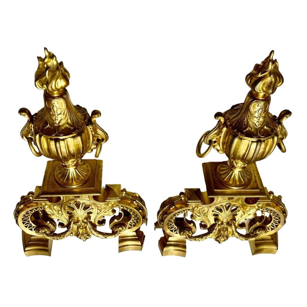 Pair Of Andirons In Gilt Bronze From The 19th Century Signed Ferdinand Barbedienne-photo-1