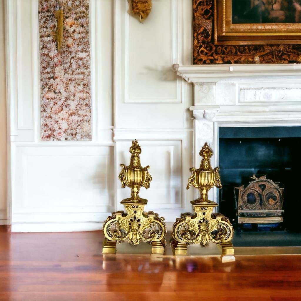 Pair Of Andirons In Gilt Bronze From The 19th Century Signed Ferdinand Barbedienne-photo-3