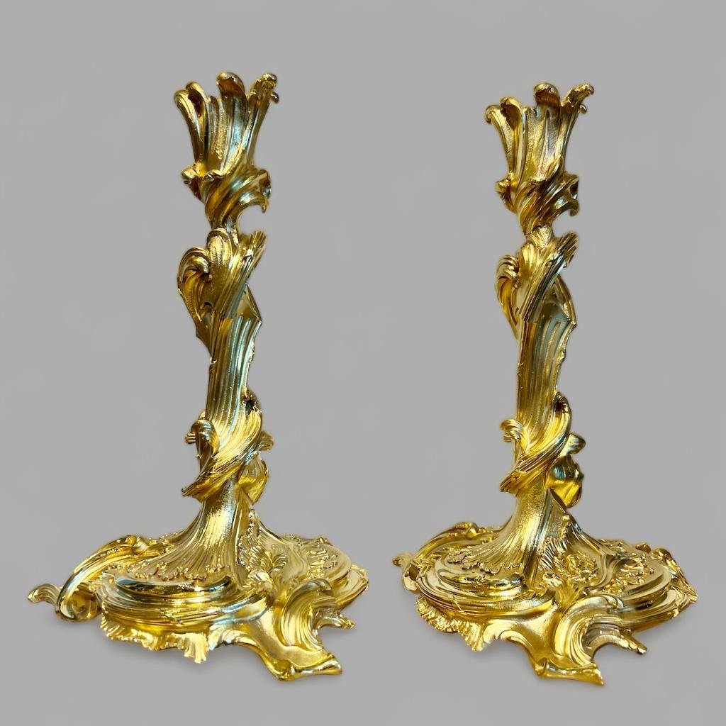 Pair Of Gilt Bronze Candlesticks From Messonnier, 19th Century-photo-4