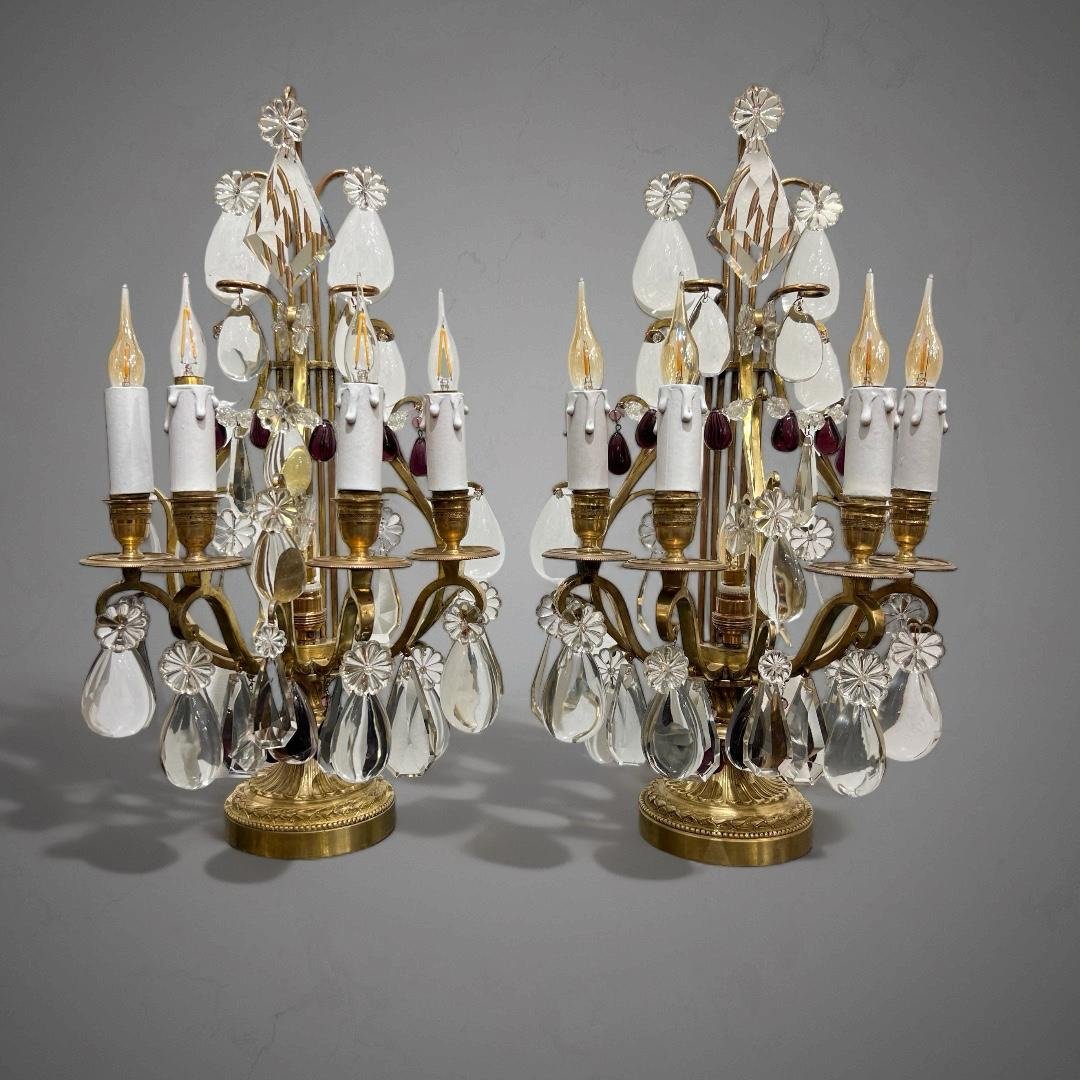 Pair Of Girandoles With 4 Lights Lyre Model Late 19th Century -photo-5