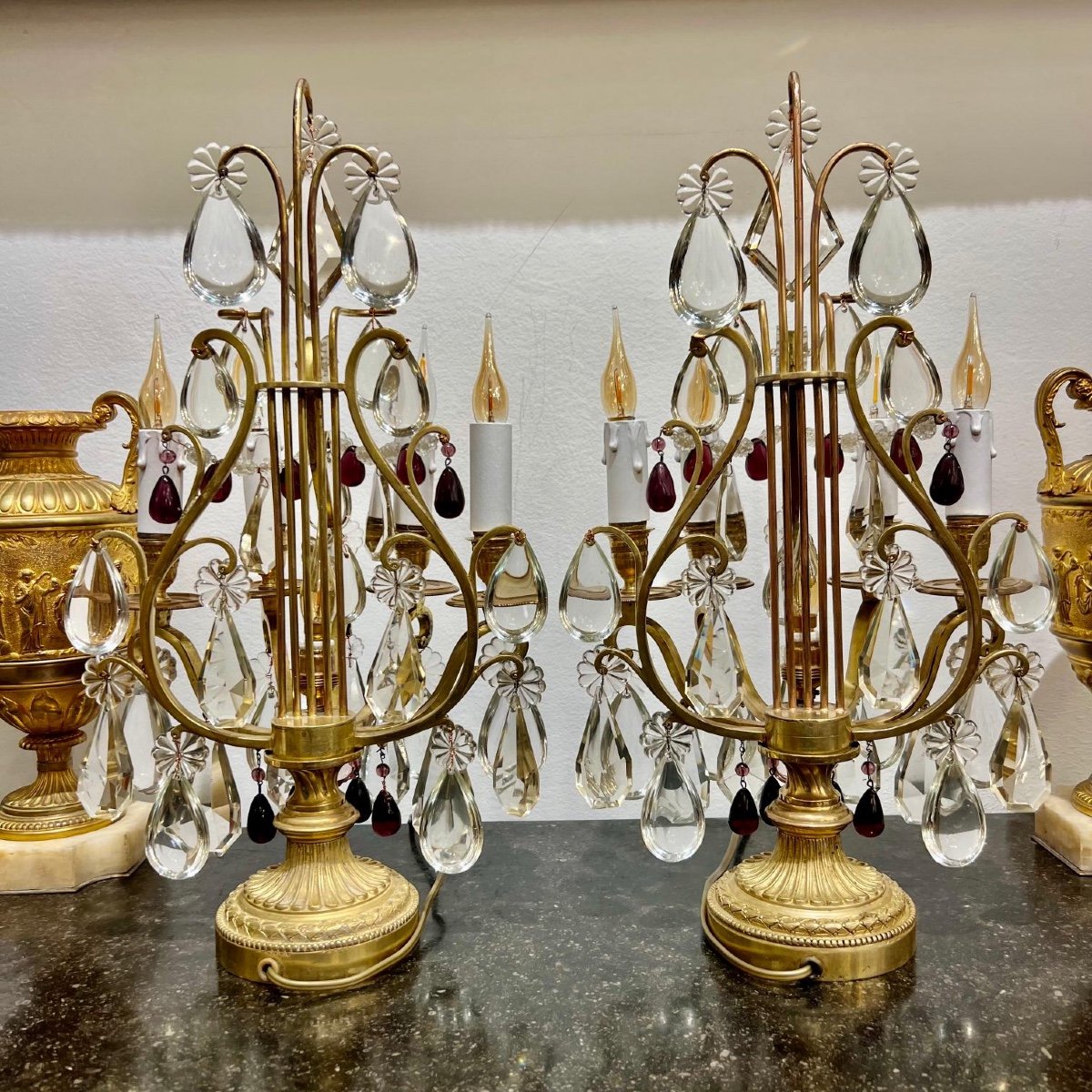 Pair Of Girandoles With 4 Lights Lyre Model Late 19th Century 