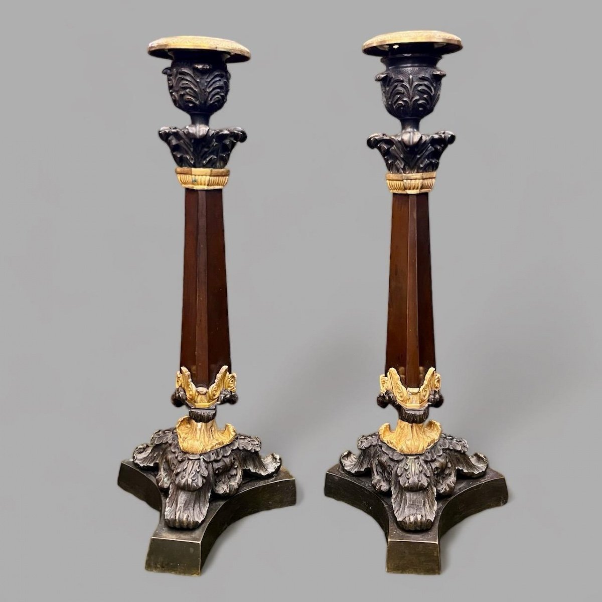 Pair Of Double Patina Bronze Candlesticks From 19th Century Restoration Period -photo-4