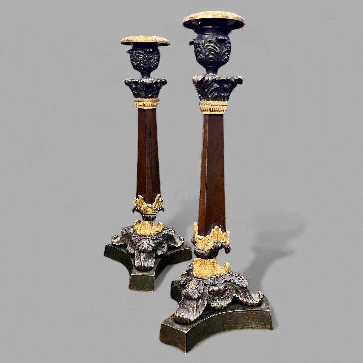 Pair Of Double Patina Bronze Candlesticks From 19th Century Restoration Period -photo-1