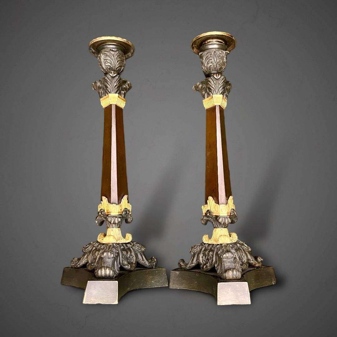 Pair Of Double Patina Bronze Candlesticks From 19th Century Restoration Period -photo-2