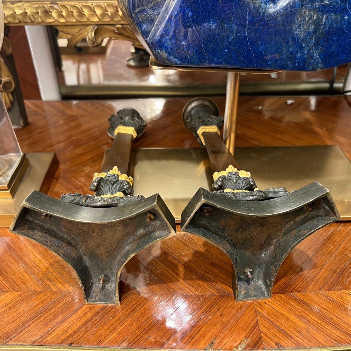 Pair Of Double Patina Bronze Candlesticks From 19th Century Restoration Period -photo-3