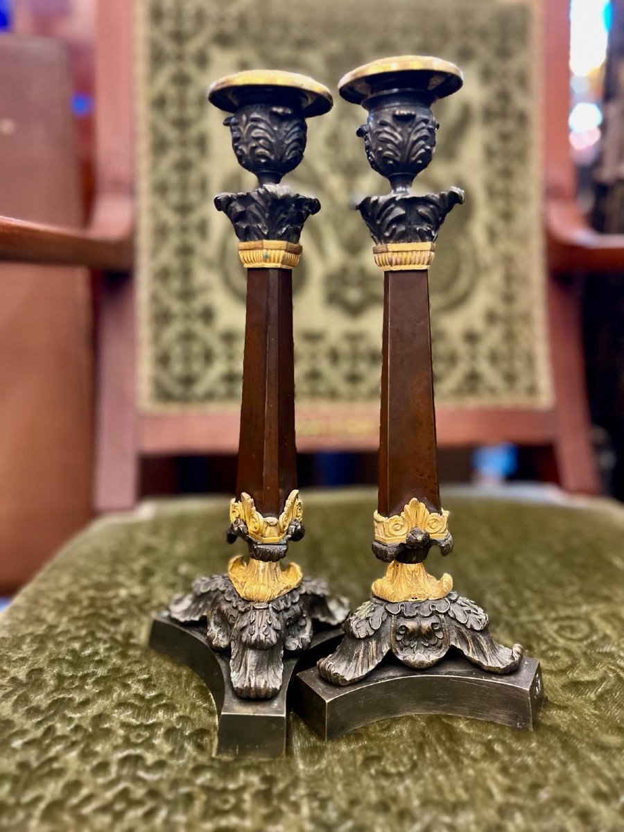 Pair Of Double Patina Bronze Candlesticks From 19th Century Restoration Period -photo-5
