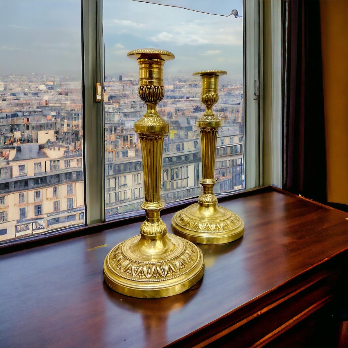 Grande Paire De Bougeoirs En Bronze Doré D’époque Restauration D’époque XIX Ieme -photo-2
