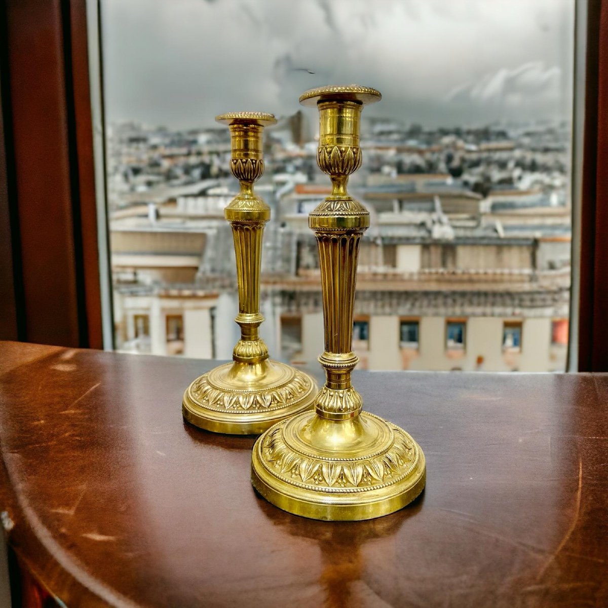 Grande Paire De Bougeoirs En Bronze Doré D’époque Restauration D’époque XIX Ieme -photo-3