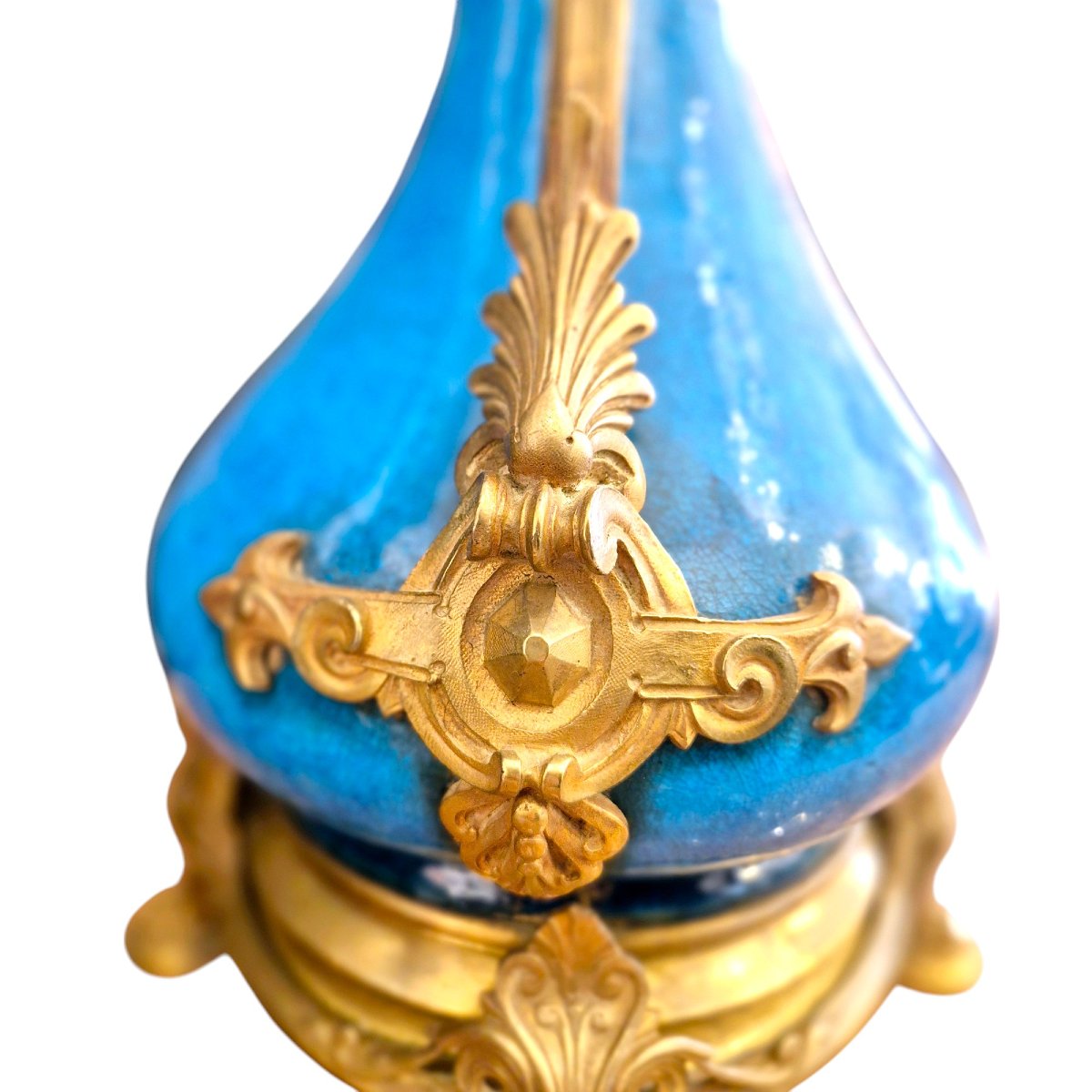 Pair Of Blue Glazed Earthenware Lamps Dlg Théodore Deck, 19th Century-photo-5