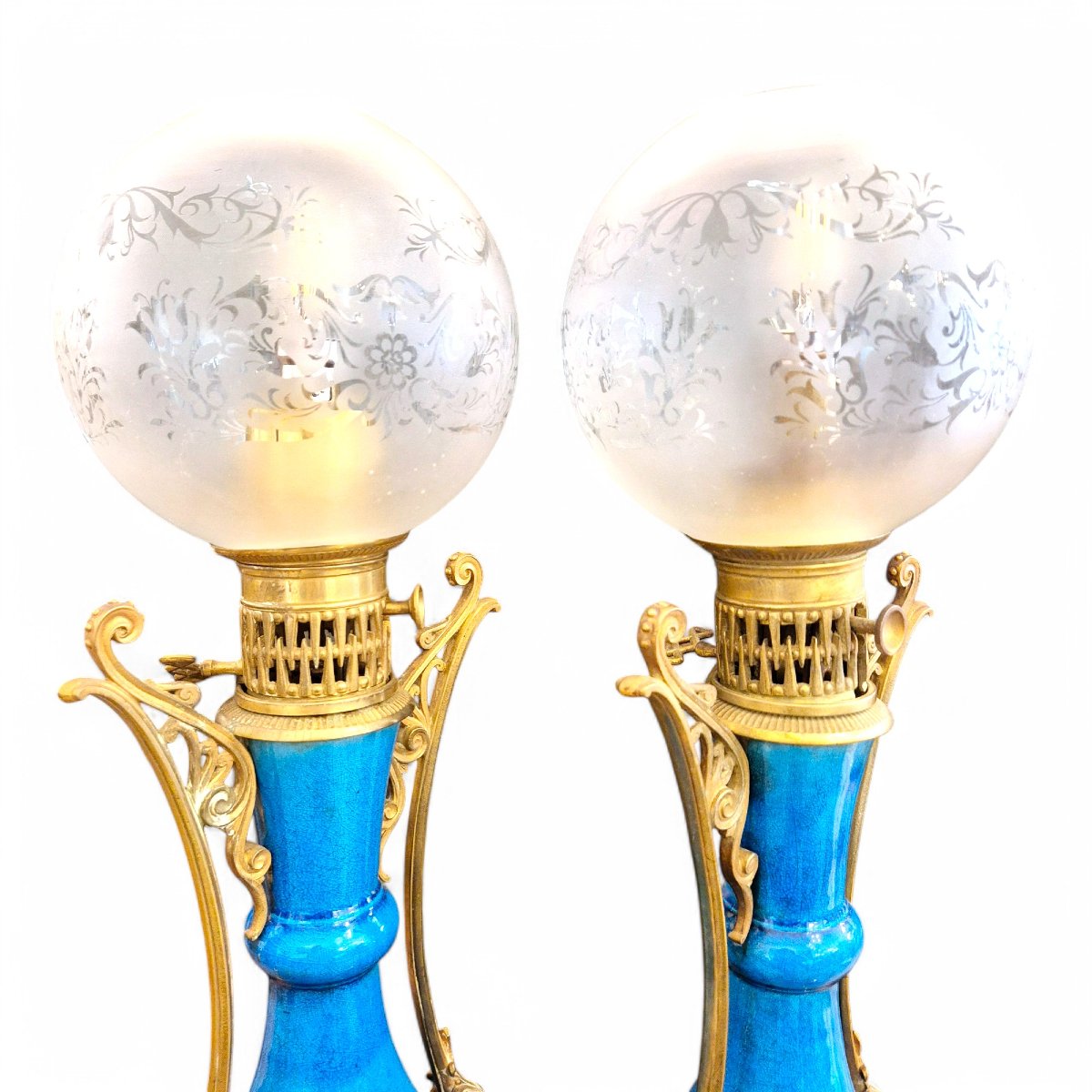 Pair Of Blue Glazed Earthenware Lamps Dlg Théodore Deck, 19th Century-photo-7