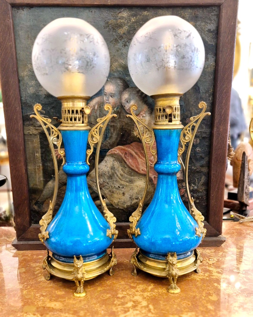 Pair Of Blue Glazed Earthenware Lamps Dlg Théodore Deck, 19th Century