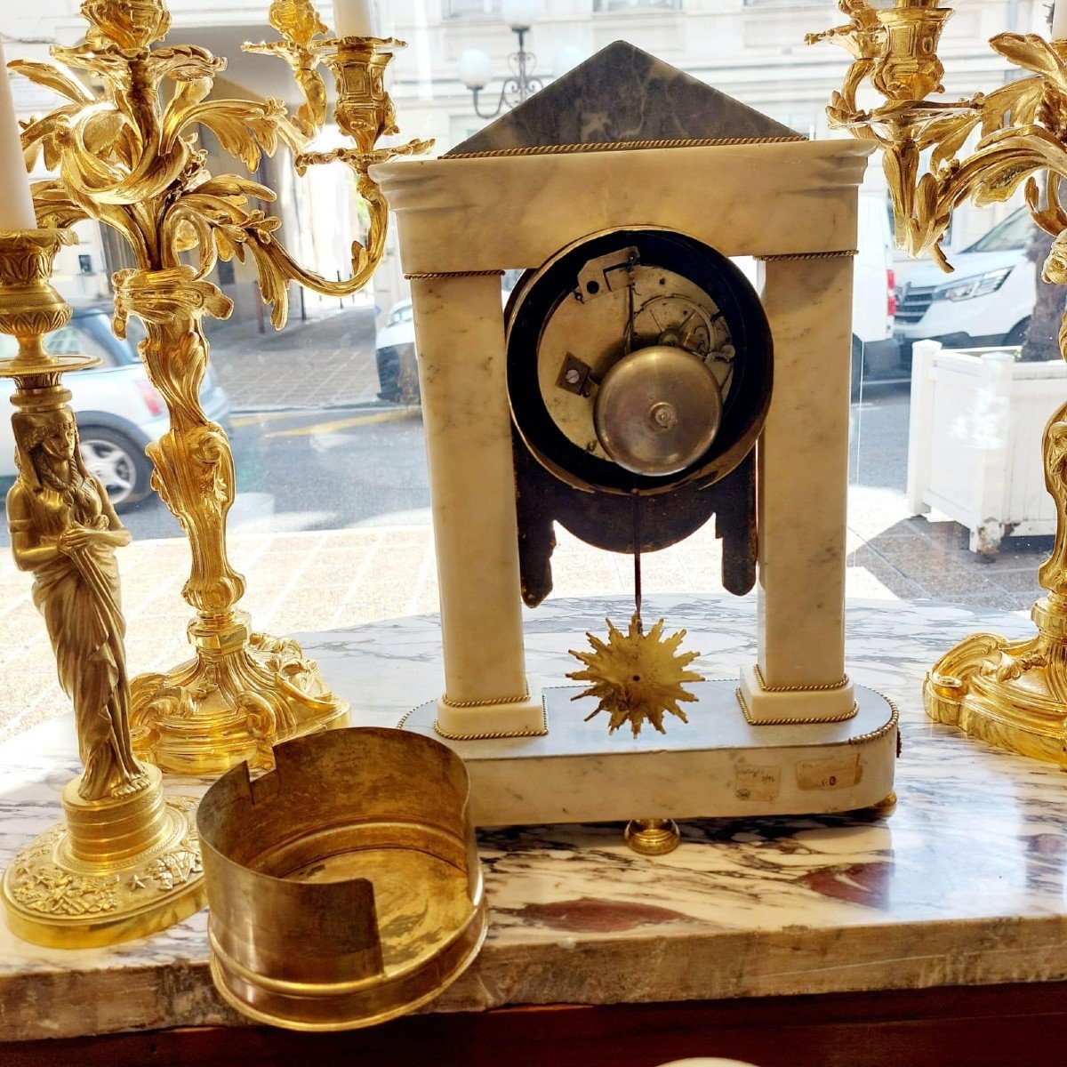 Empire Period Portico Clock In White Marble And Gilt Bronze, 19th Century-photo-8