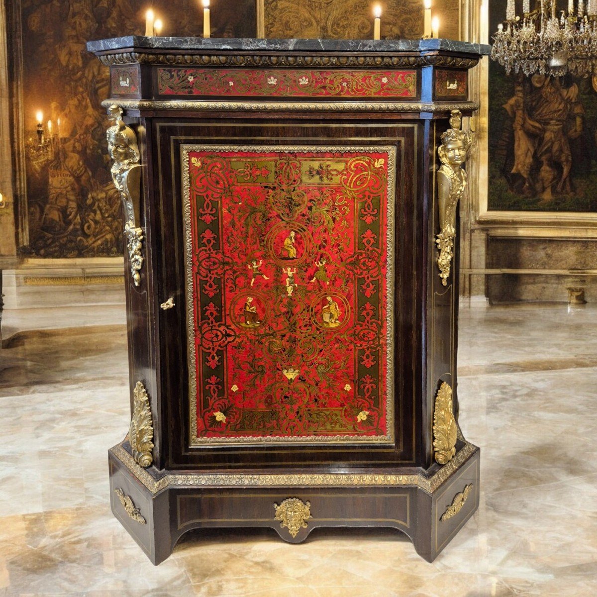Boulle Marquetry Sideboard, Blackened Wood, Gilt Bronze And Marble Top, 19th Century-photo-4