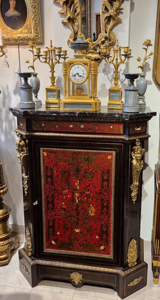Boulle Marquetry Sideboard, Blackened Wood, Gilt Bronze And Marble Top, 19th Century