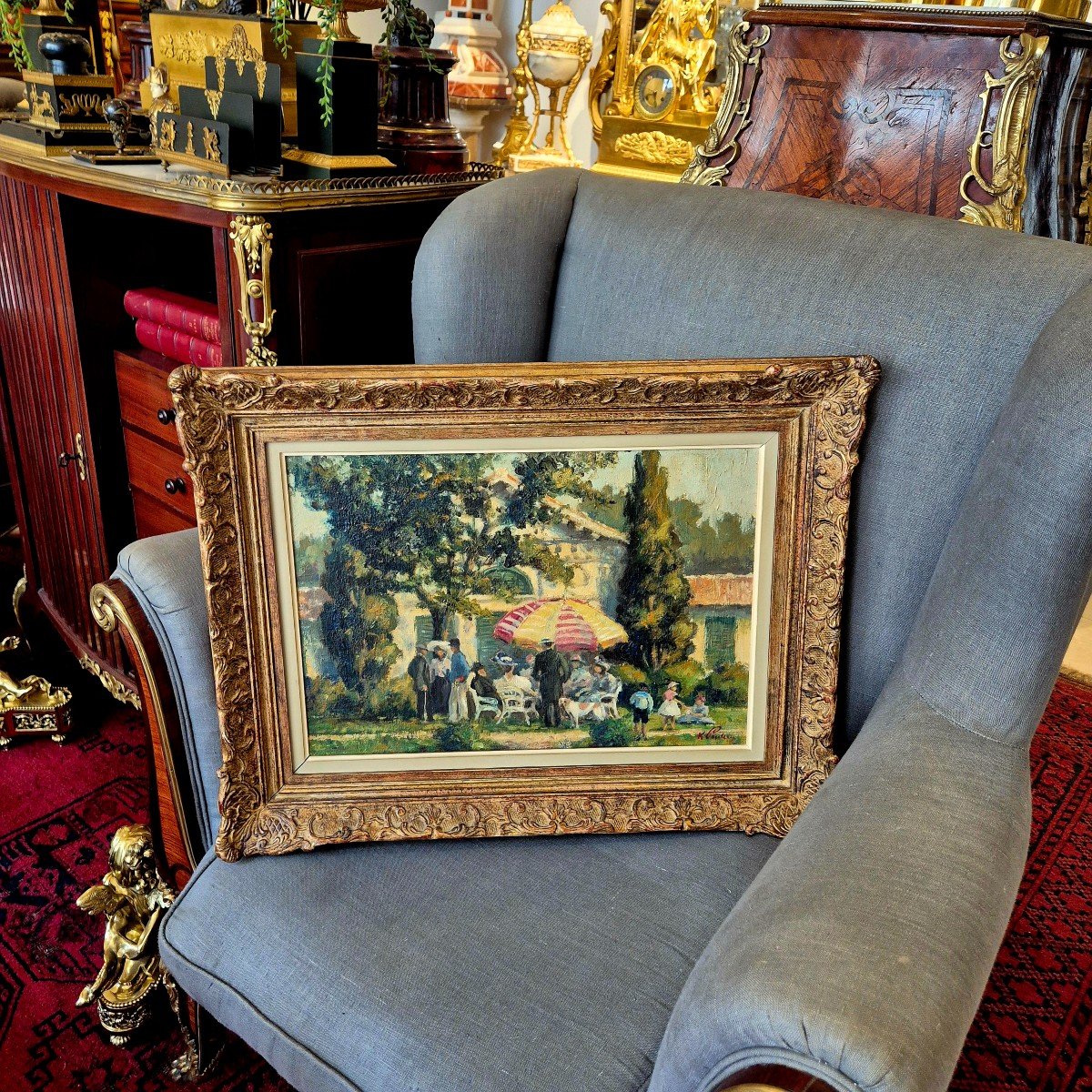 Le Parasol, Peinture Impressionniste, huile sur toile, Signée K.P, Début 20ème Siècle-photo-1