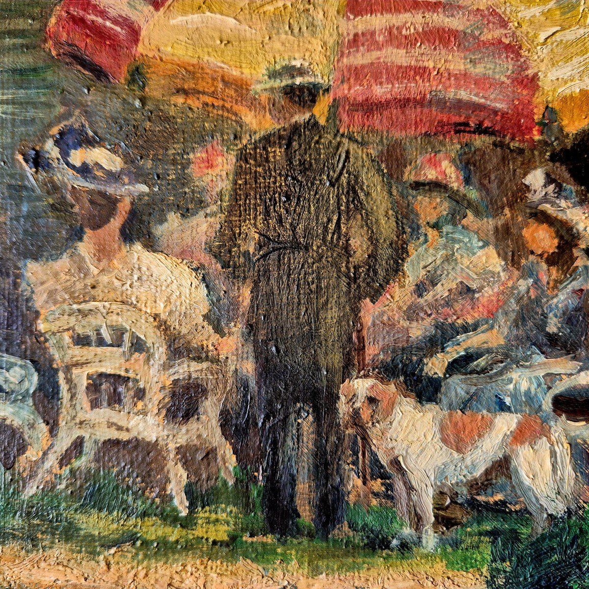 Le Parasol, Peinture Impressionniste, huile sur toile, Signée K.P, Début 20ème Siècle-photo-4