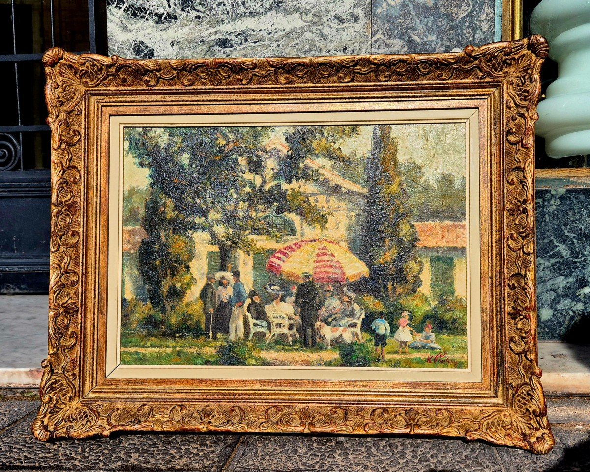 Le Parasol, Peinture Impressionniste, huile sur toile, Signée K.P, Début 20ème Siècle-photo-7