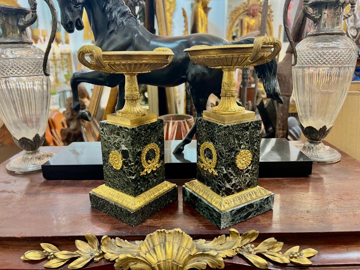 Cassolettes En Marbre Vert De Mer Et Bronze Doré De Style Empire, 19ème Siècle-photo-5