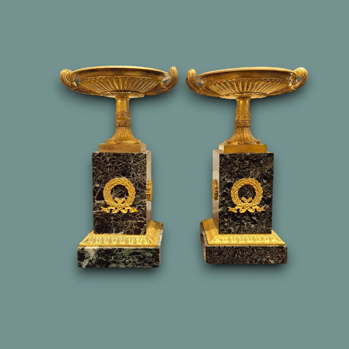 Cassolettes En Marbre Vert De Mer Et Bronze Doré De Style Empire, 19ème Siècle-photo-6