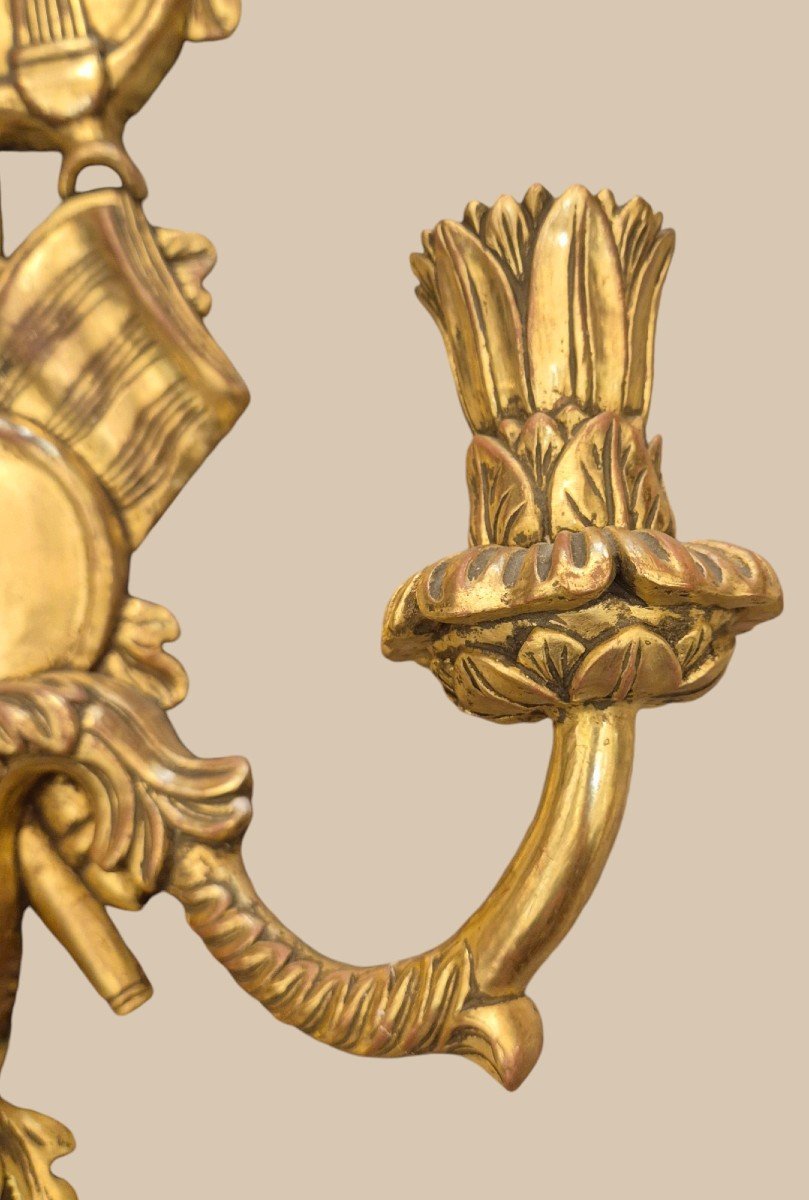 Paire d'Appliques Murales à Deux Feux En Bois Doré De Style Louis XVI, 19ème Siècle-photo-2