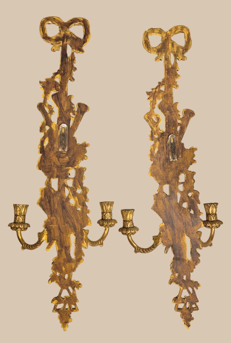 Paire d'Appliques Murales à Deux Feux En Bois Doré De Style Louis XVI, 19ème Siècle-photo-8