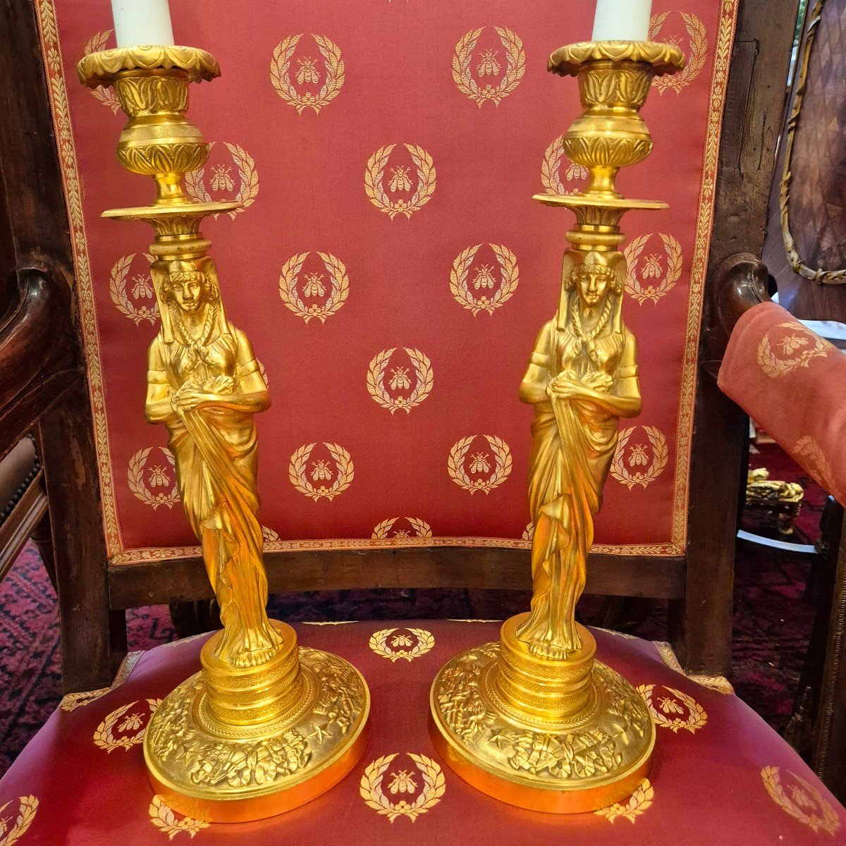 Paire De Bougeoirs D’époque Empire Et De Style Retour D’égypte En Bronze Doré, Vers 1810-photo-2