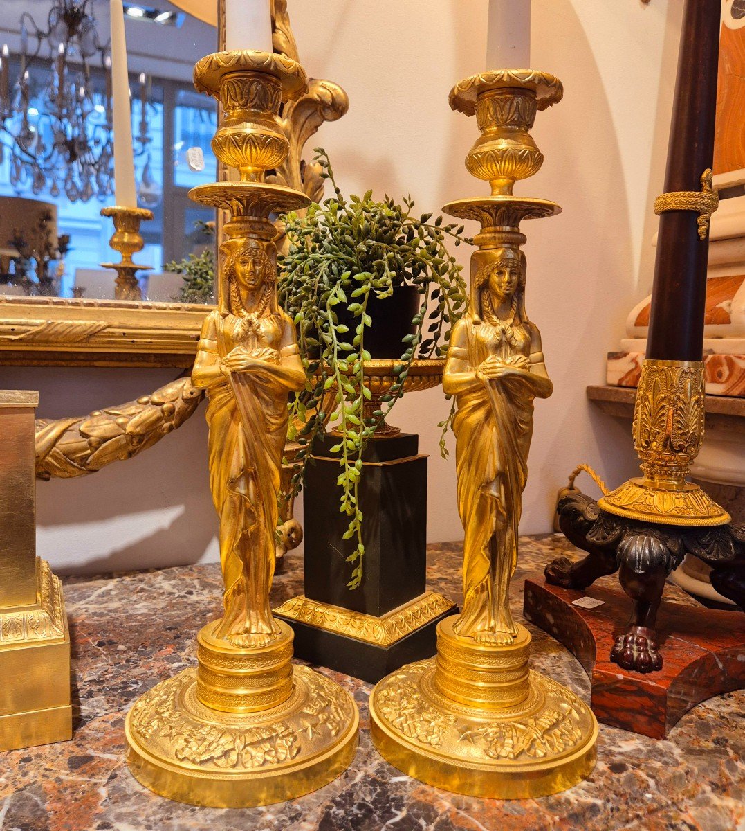 Paire De Bougeoirs D’époque Empire Et De Style Retour D’égypte En Bronze Doré, Vers 1810-photo-3