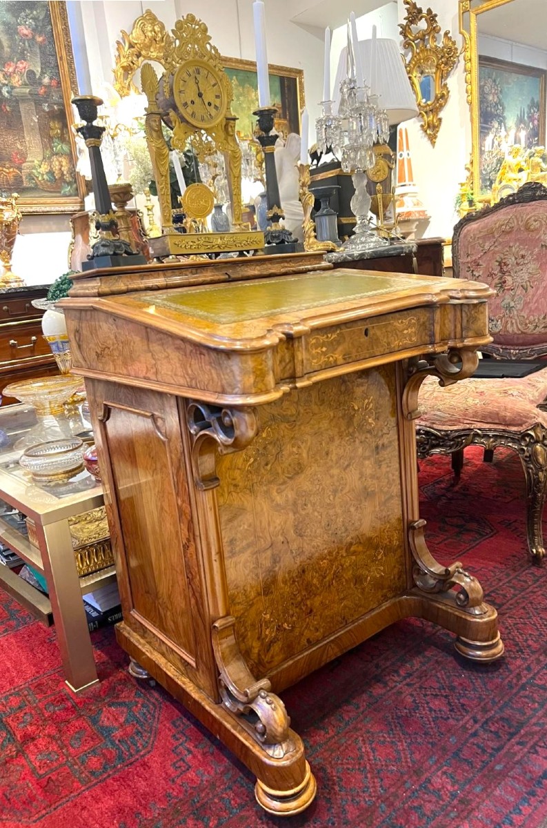Davenport Burr Walnut & Marquetry Secretaire, Mid-victorian, 19th Century