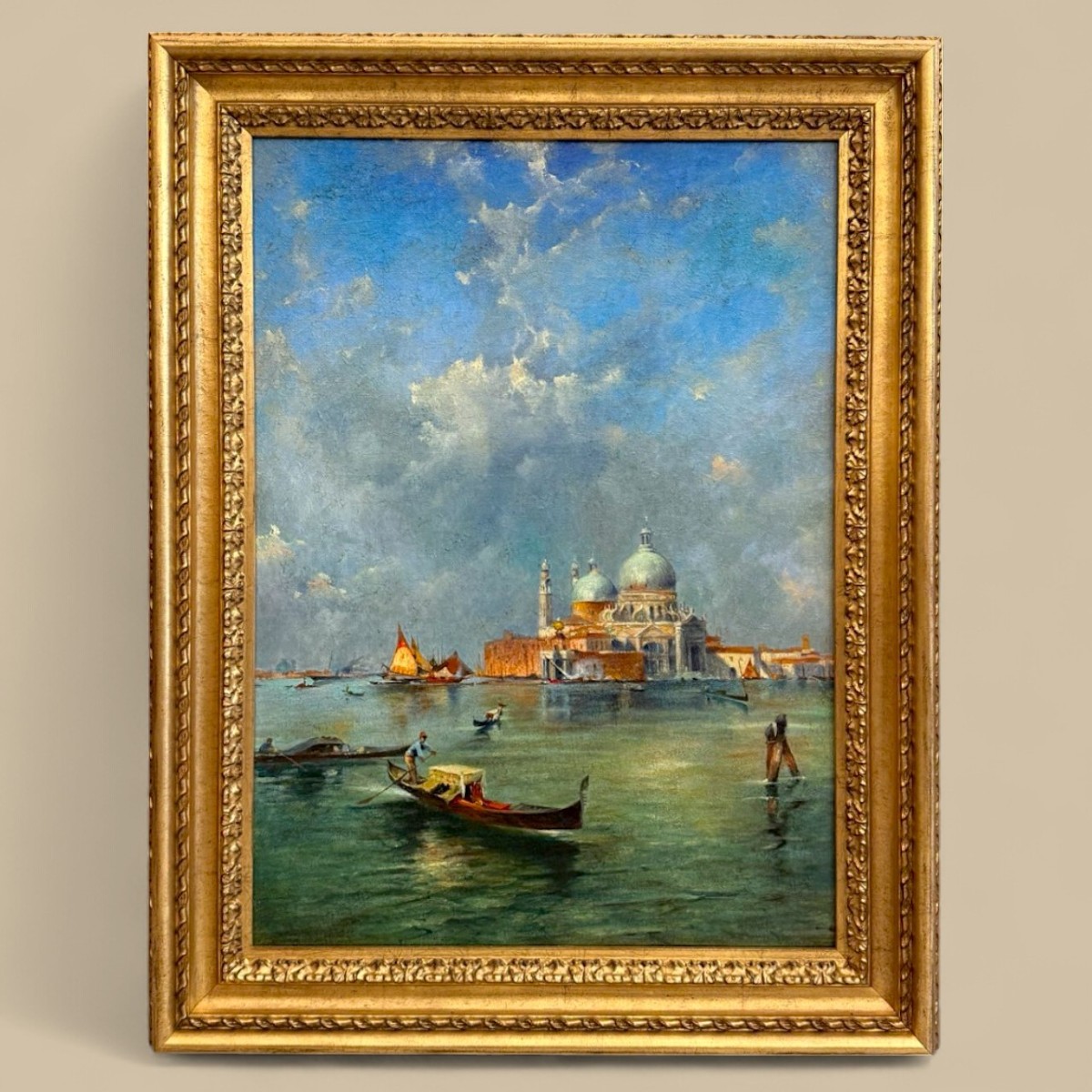 Oil Painting On Canvas Of The Grand Canal In Venice In A Gilded Wooden Frame, 19th Century.
