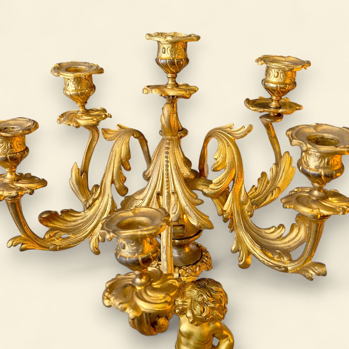 Pair Of Louis XV Style Gilt Bronze Candelabra Decorated With Cupids, 19th Century-photo-3