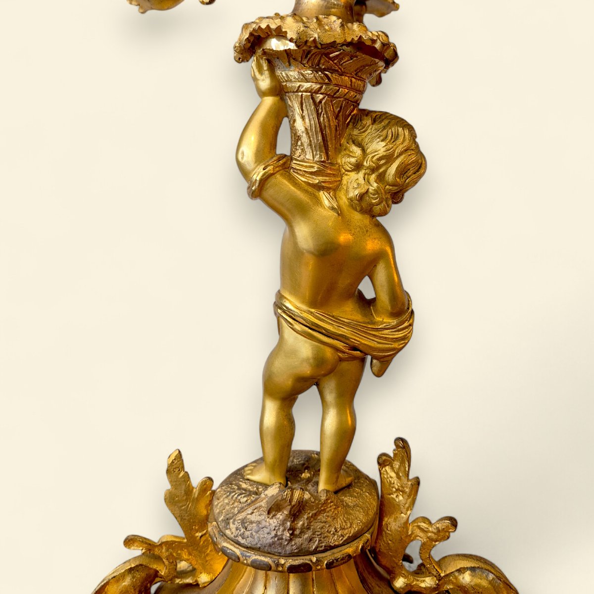 Pair Of Louis XV Style Gilt Bronze Candelabra Decorated With Cupids, 19th Century-photo-4
