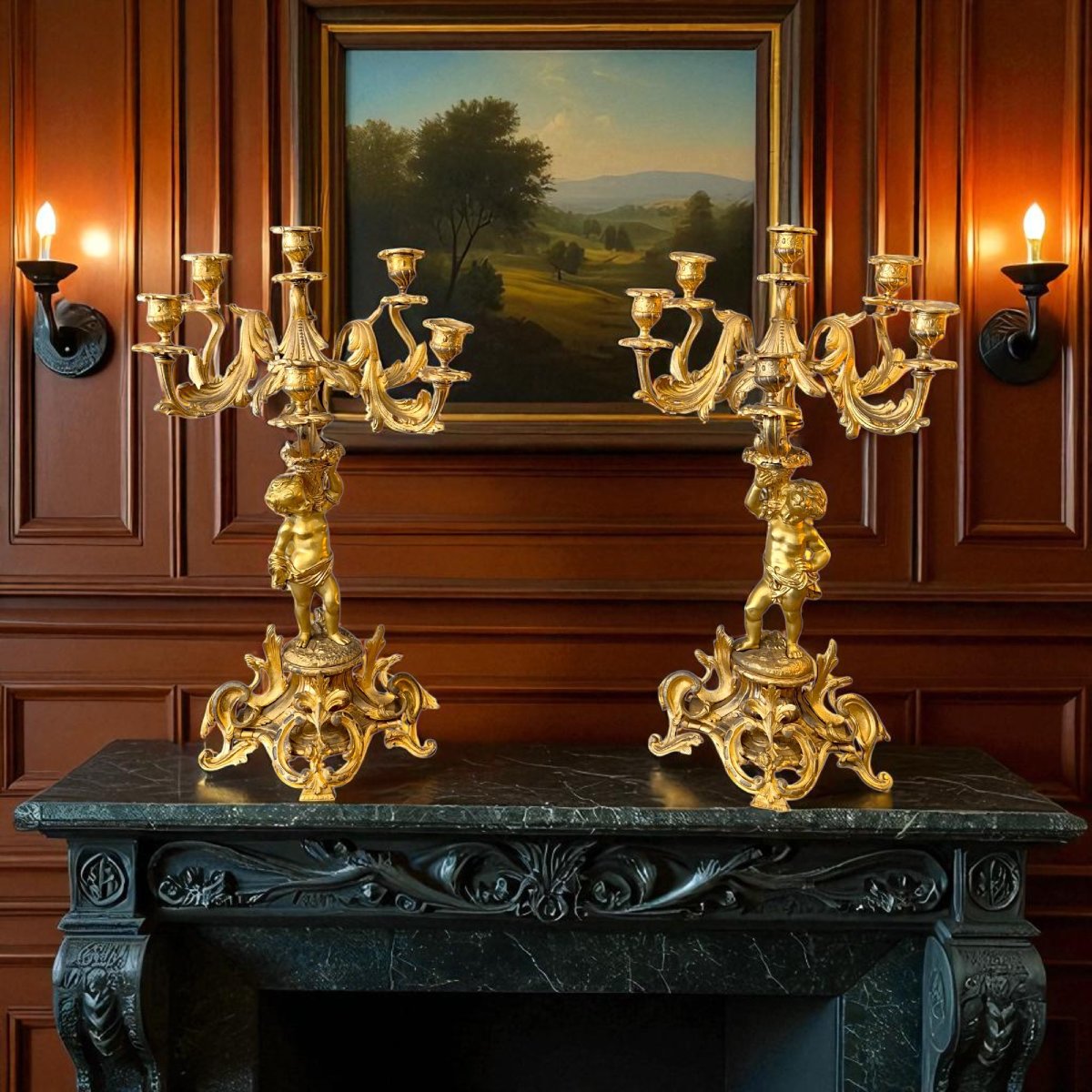 Pair Of Louis XV Style Gilt Bronze Candelabra Decorated With Cupids, 19th Century-photo-7
