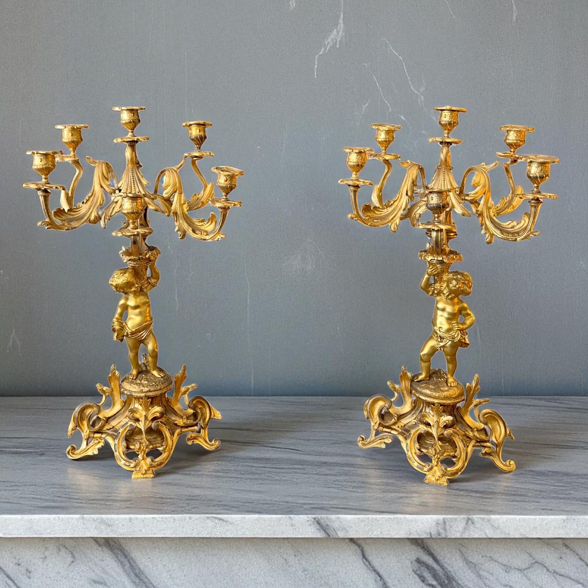 Pair Of Louis XV Style Gilt Bronze Candelabra Decorated With Cupids, 19th Century-photo-8