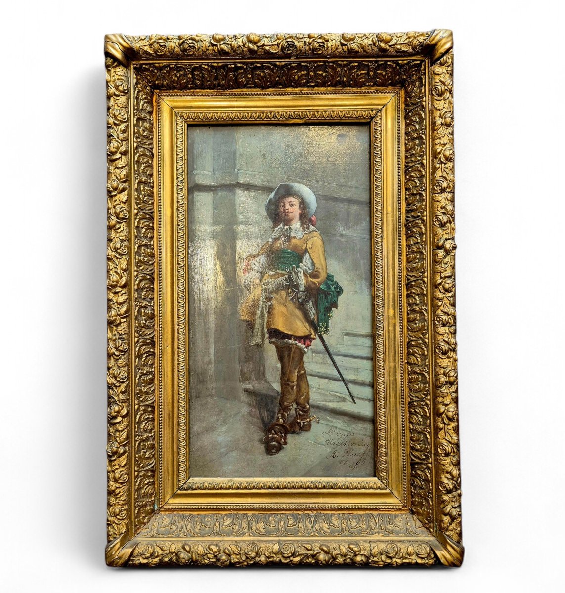 Peinture à l'huile sur bois  de A. Rueff– “Le Mousquetaire” (d’après Meissonier), 19ème siècle-photo-4