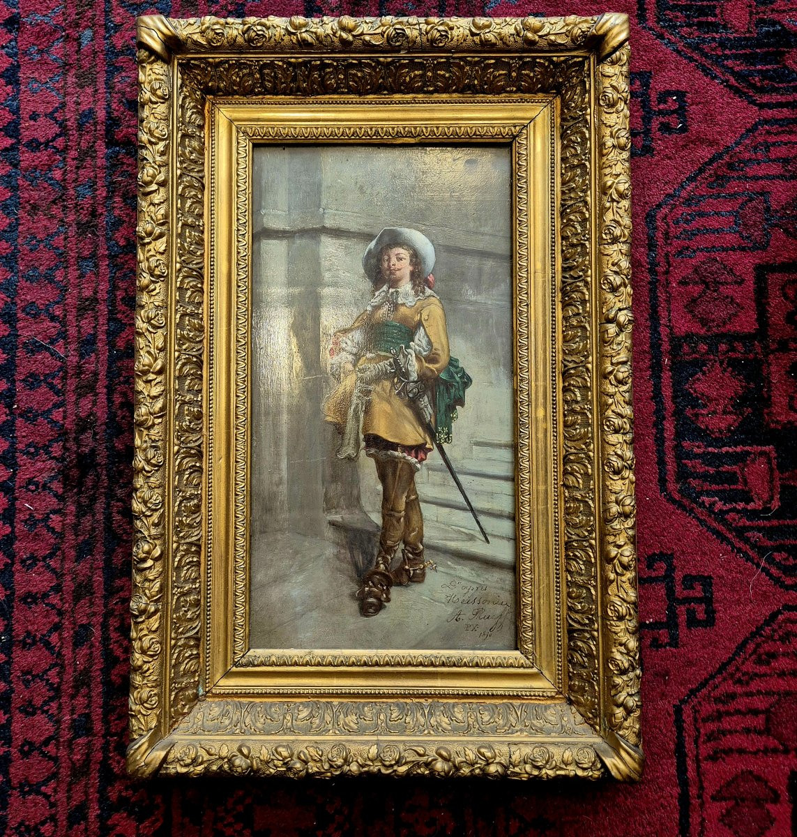 Peinture à l'huile sur bois  de A. Rueff– “Le Mousquetaire” (d’après Meissonier), 19ème siècle-photo-5