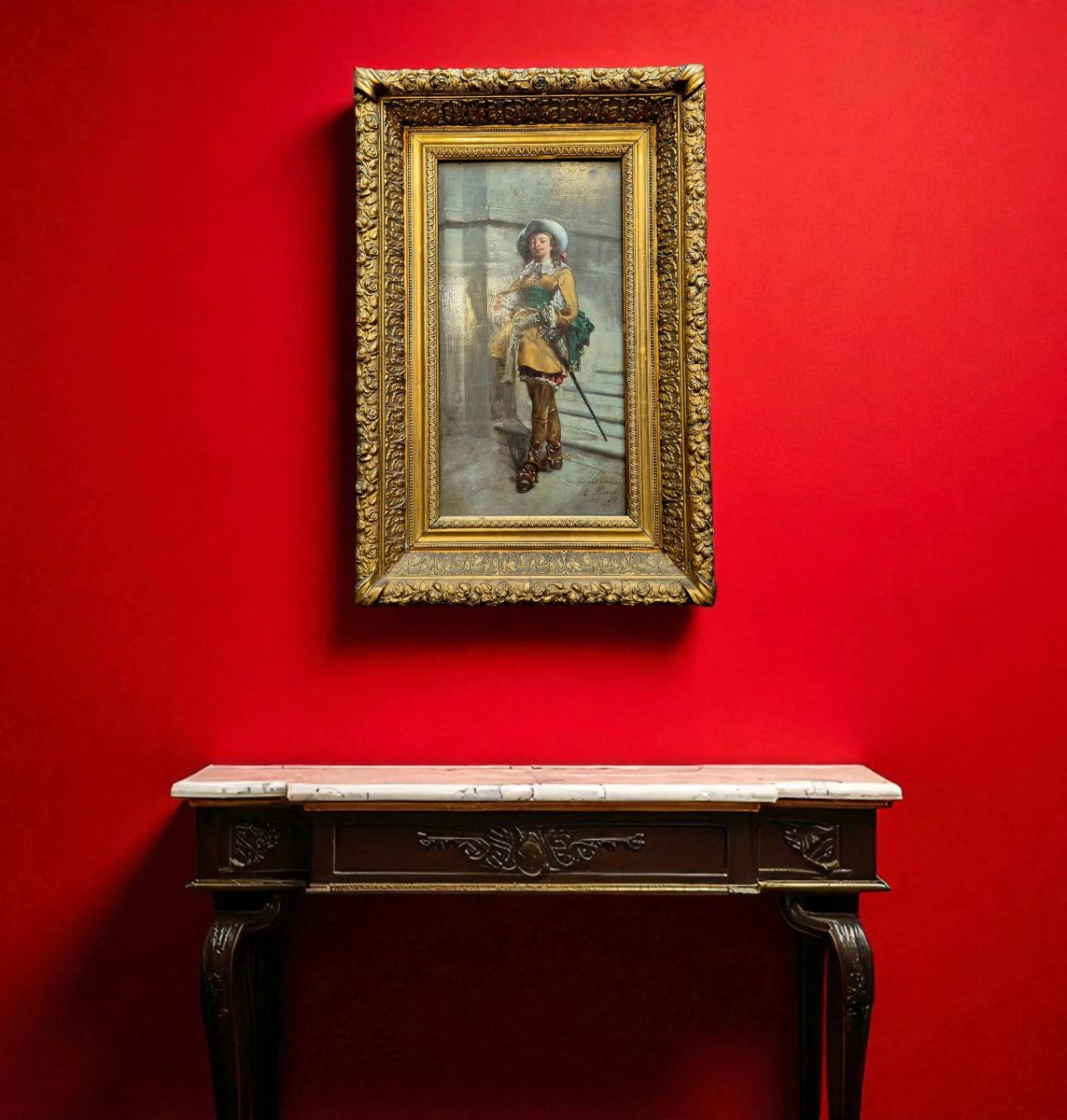 Peinture à l'huile sur bois  de A. Rueff– “Le Mousquetaire” (d’après Meissonier), 19ème siècle-photo-7