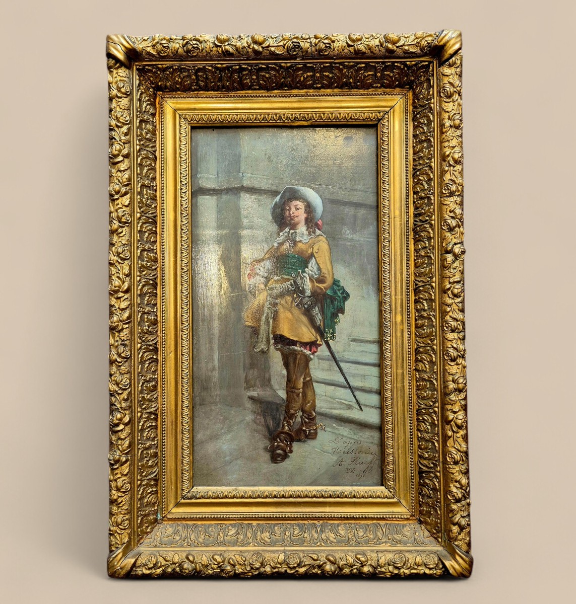 Peinture à l'huile sur bois  de A. Rueff– “Le Mousquetaire” (d’après Meissonier), 19ème siècle