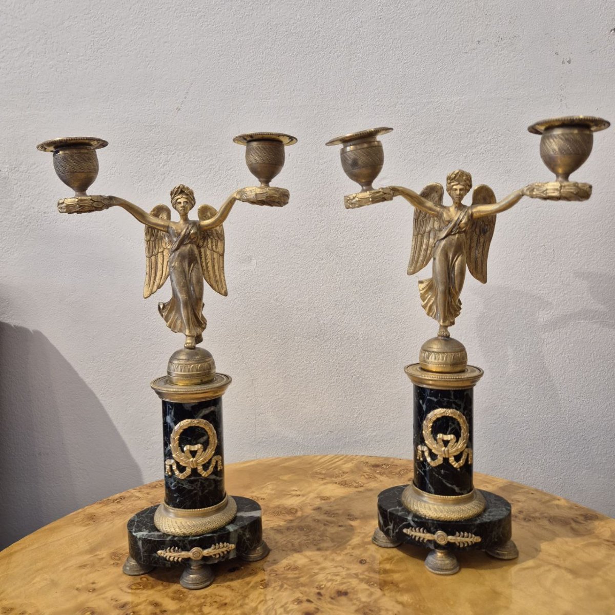 Pair Of Empire Period Marble And Gilt Bronze Victory Candelabras, C. 1800-photo-4