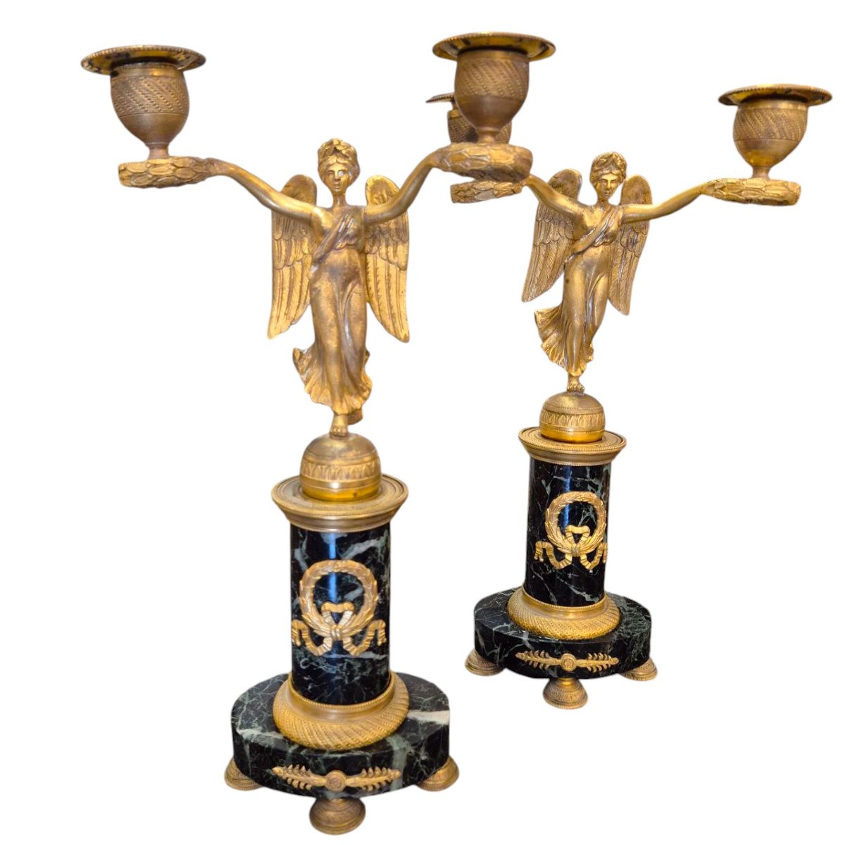 Pair Of Empire Period Marble And Gilt Bronze Victory Candelabras, C. 1800-photo-2