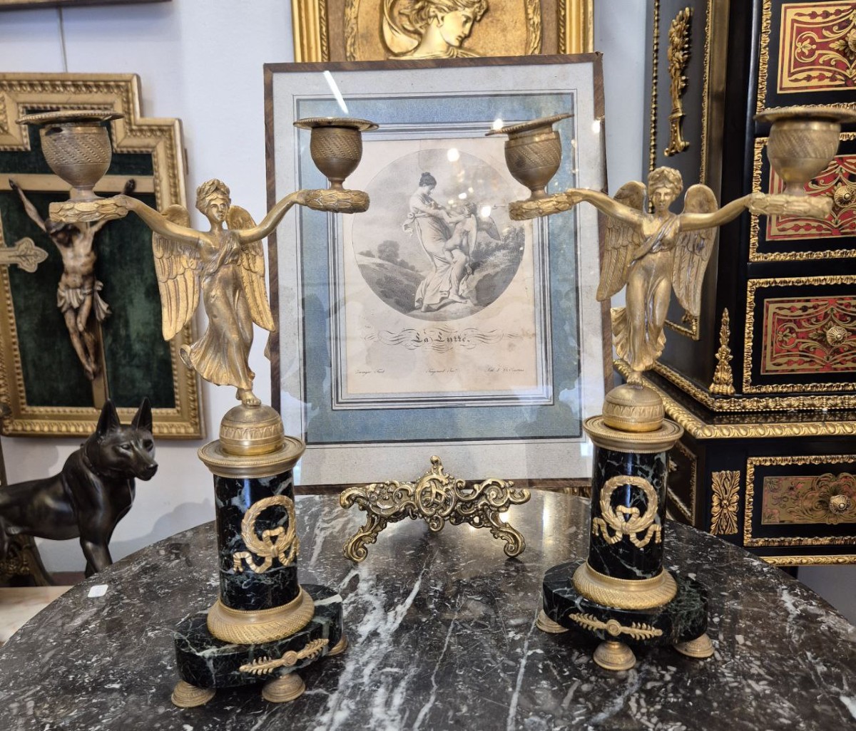 Pair Of Empire Period Marble And Gilt Bronze Victory Candelabras, C. 1800